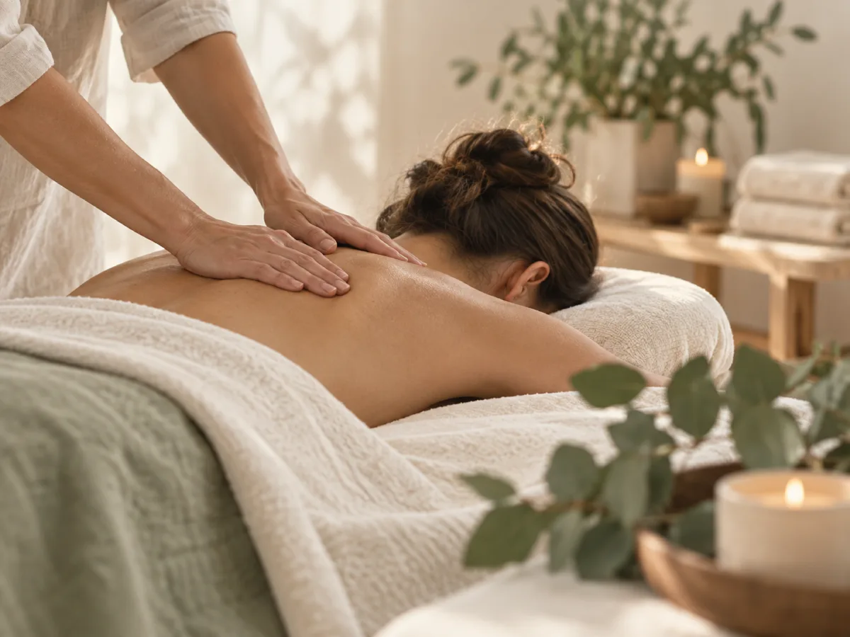 Hands working along a client's upper back on the massage table, eucalyptus and a candle beside it