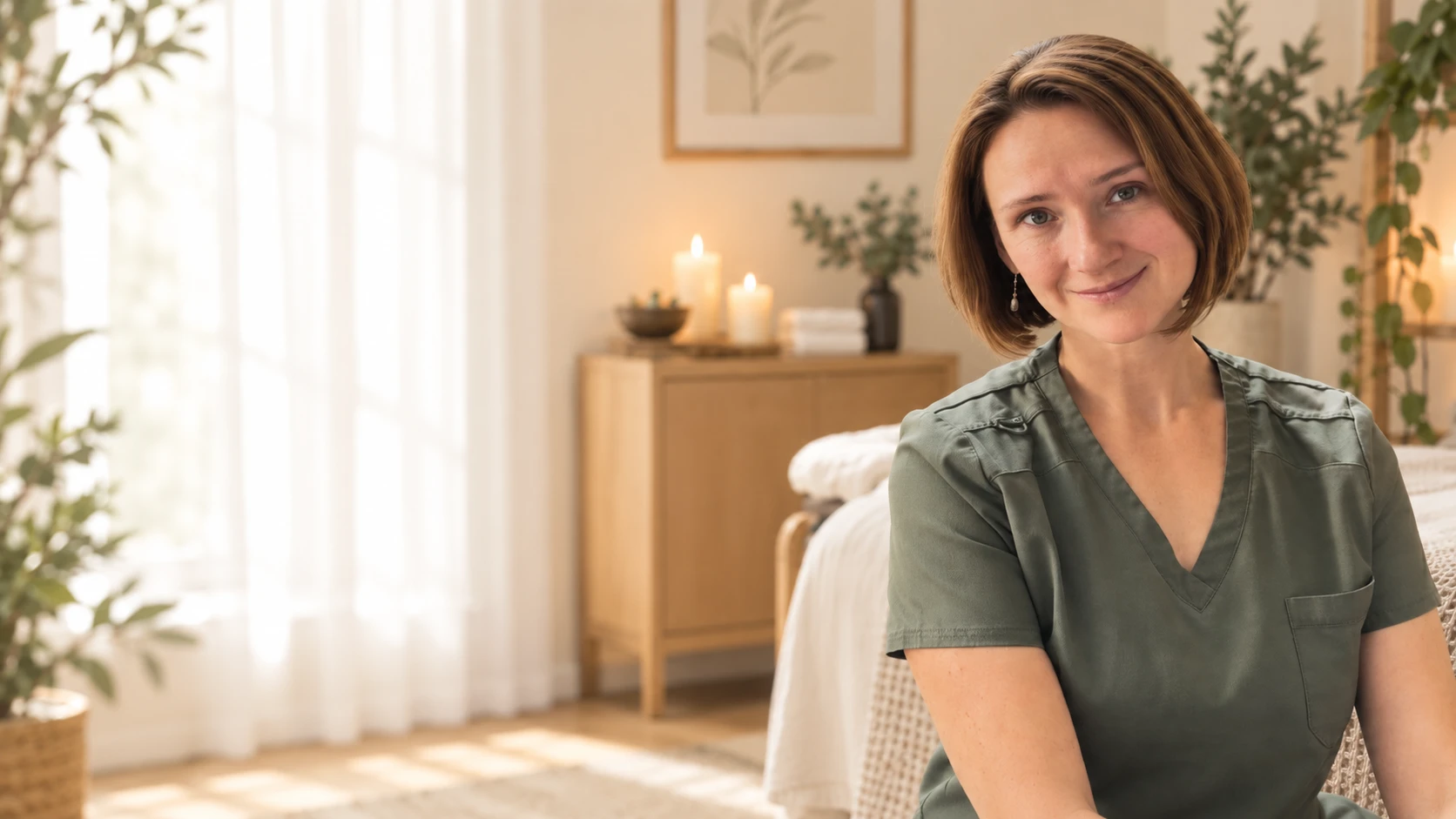 Anna, licensed massage therapist, seated in her treatment room in Jacksonville, FL: a massage table, lit candles, eucalyptus and plants in warm window light
