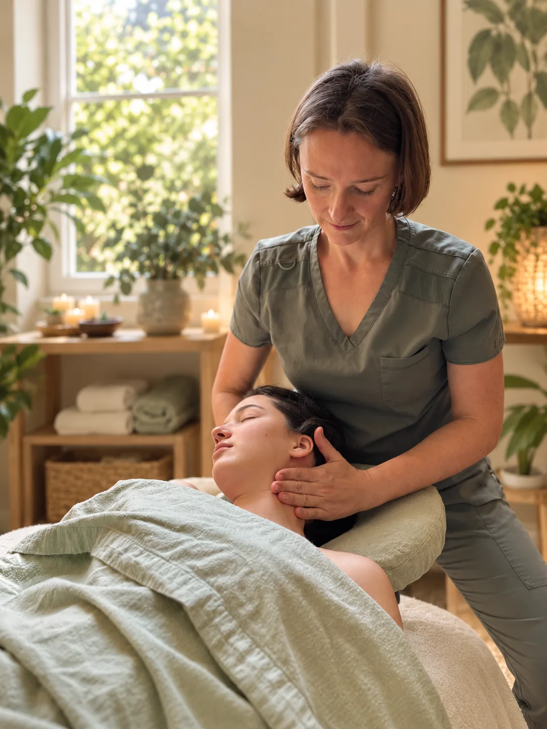 Anna, LMT, easing a client's neck and shoulders at the massage table in a sunlit treatment room